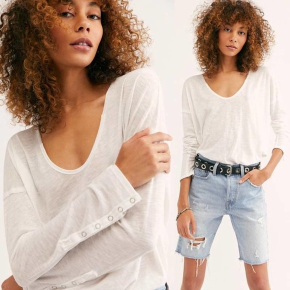 Free People Tops - Free People Sienna Snap Cuff Cotton Blend Tee Women's Size XS White Long Sleeve